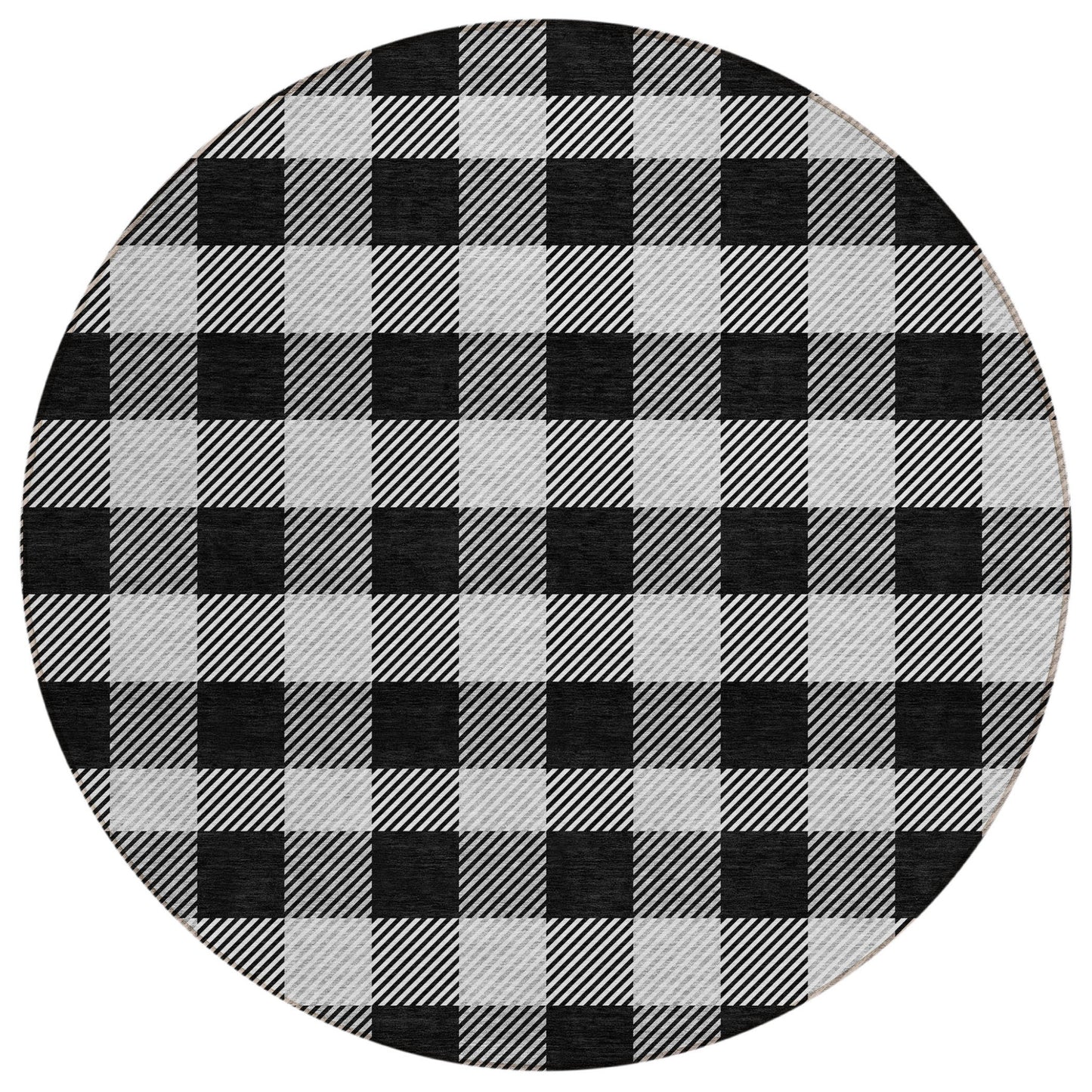 Tabselect Home Line 8' Black Gray And Ivory Round Plaid Washable Indoor Outdoor Area Rug
