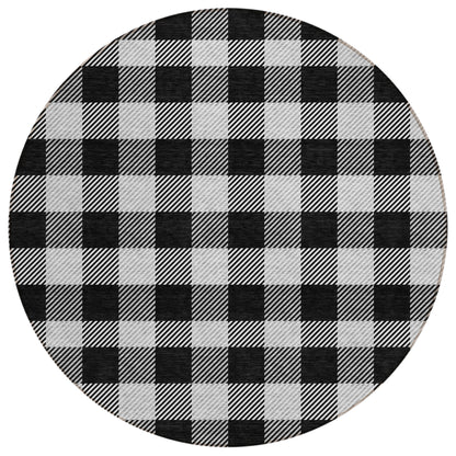 Tabselect Home Line 8' Black Gray And Ivory Round Plaid Washable Indoor Outdoor Area Rug