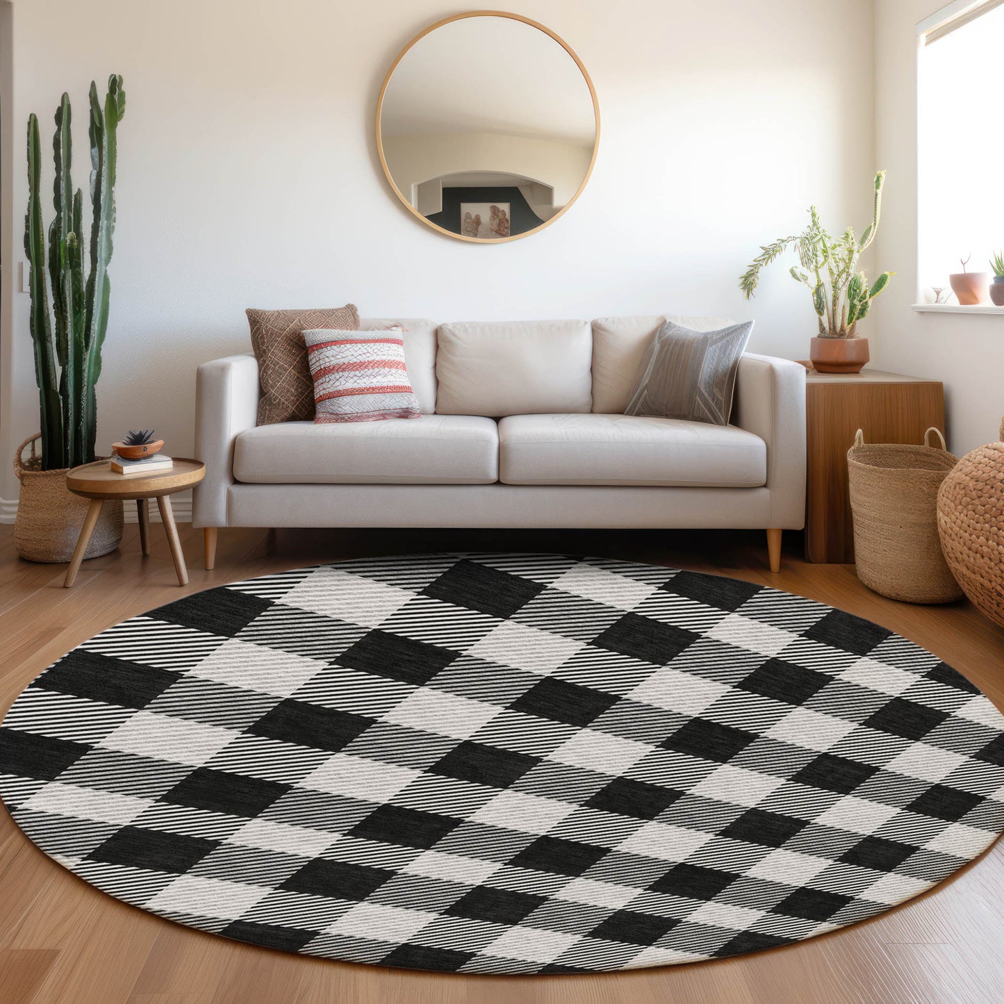 Tabselect Home Line 8' Black Gray And Ivory Round Plaid Washable Indoor Outdoor Area Rug