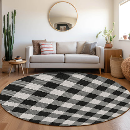 Tabselect Home Line 8' Black Gray And Ivory Round Plaid Washable Indoor Outdoor Area Rug