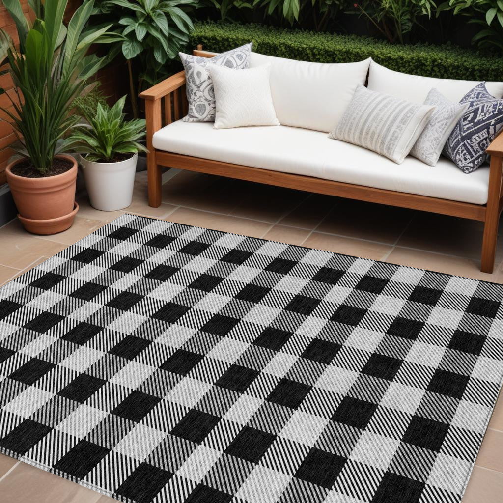 Tabselect Home Line 8' X 10' Black Gray And Ivory Plaid Washable Indoor Outdoor Area Rug