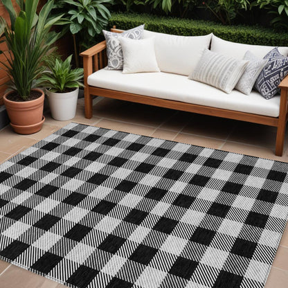 Tabselect Home Line 8' X 10' Black Gray And Ivory Plaid Washable Indoor Outdoor Area Rug