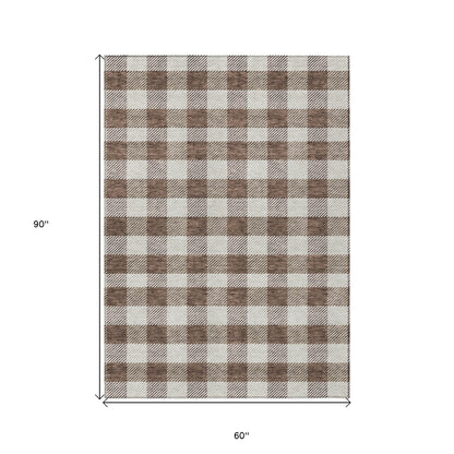 Tabselect Home Line 5' X 8' Brown And Beige Plaid Washable Indoor Outdoor Area Rug