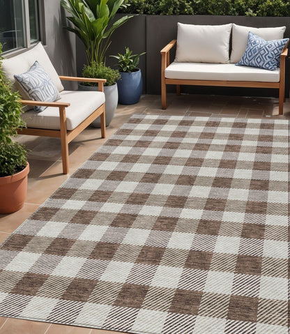 Tabselect Home Line 5' X 8' Brown And Beige Plaid Washable Indoor Outdoor Area Rug