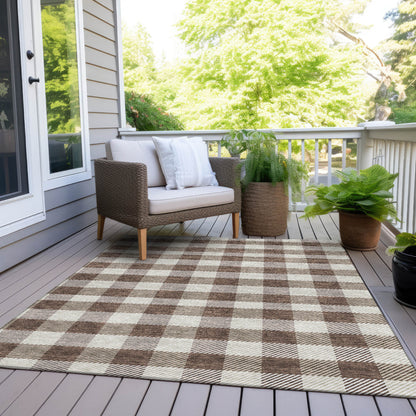 Tabselect Home Line 5' X 8' Brown And Beige Plaid Washable Indoor Outdoor Area Rug