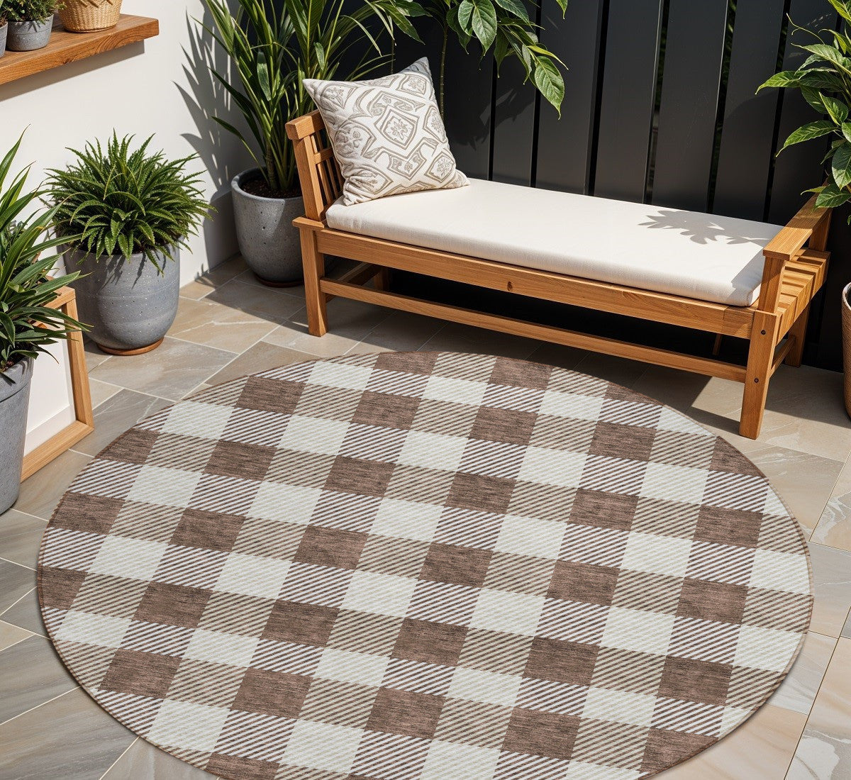 Tabselect Home Line 8' Brown And Beige Round Plaid Washable Indoor Outdoor Area Rug