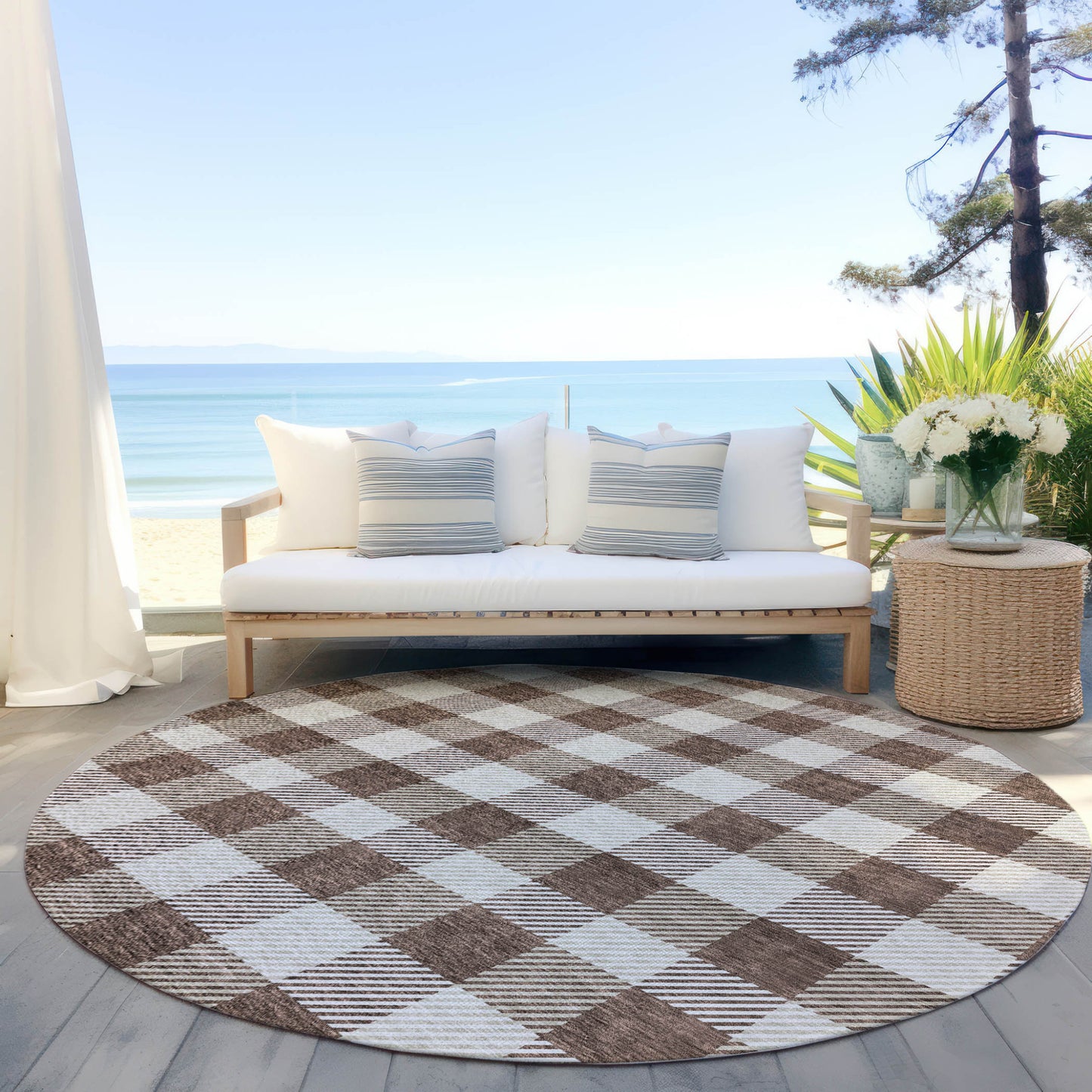 Tabselect Home Line 8' Brown And Beige Round Plaid Washable Indoor Outdoor Area Rug