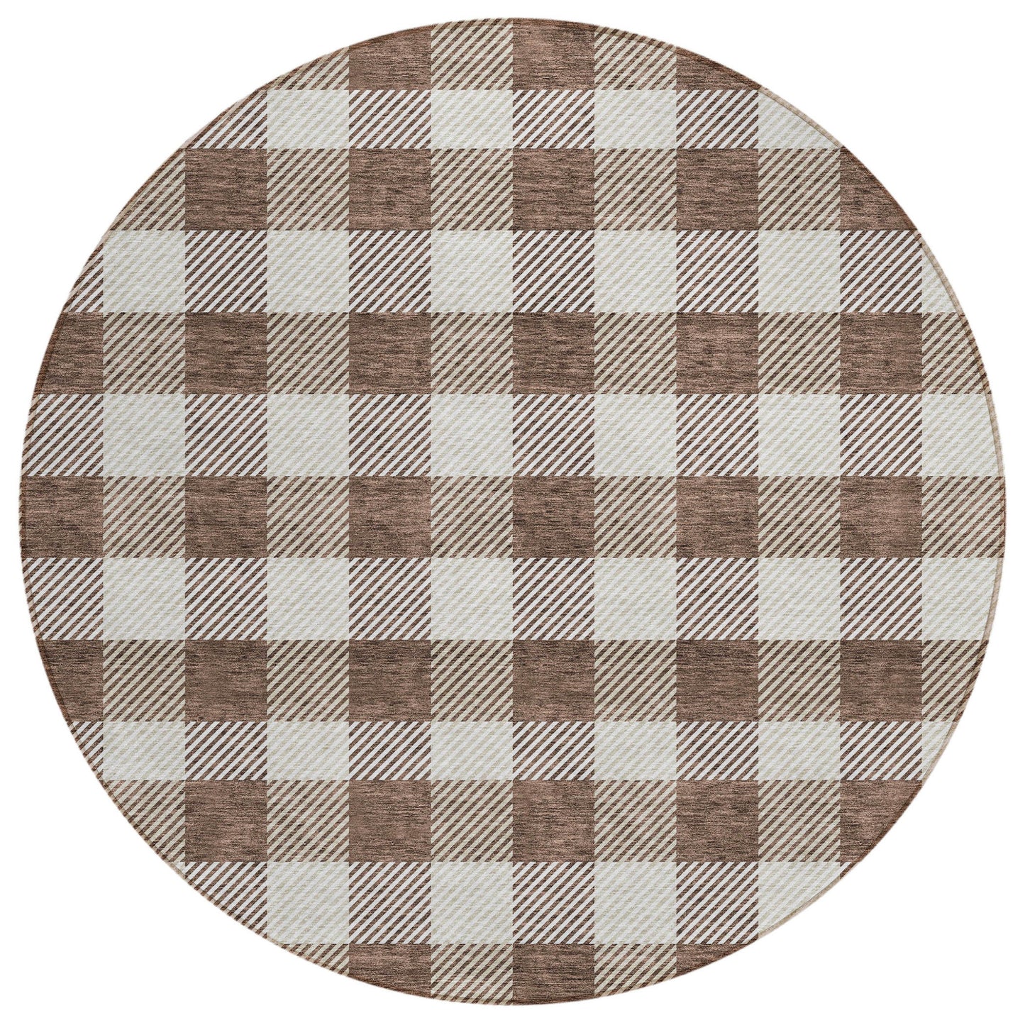 Tabselect Home Line 8' Brown And Beige Round Plaid Washable Indoor Outdoor Area Rug