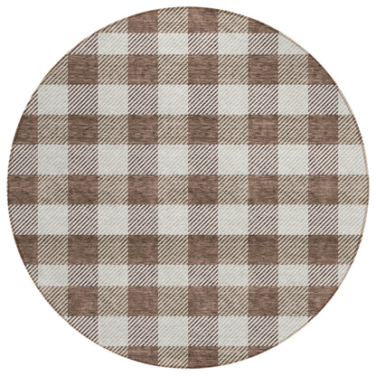 Tabselect Home Line 8' Brown And Beige Round Plaid Washable Indoor Outdoor Area Rug