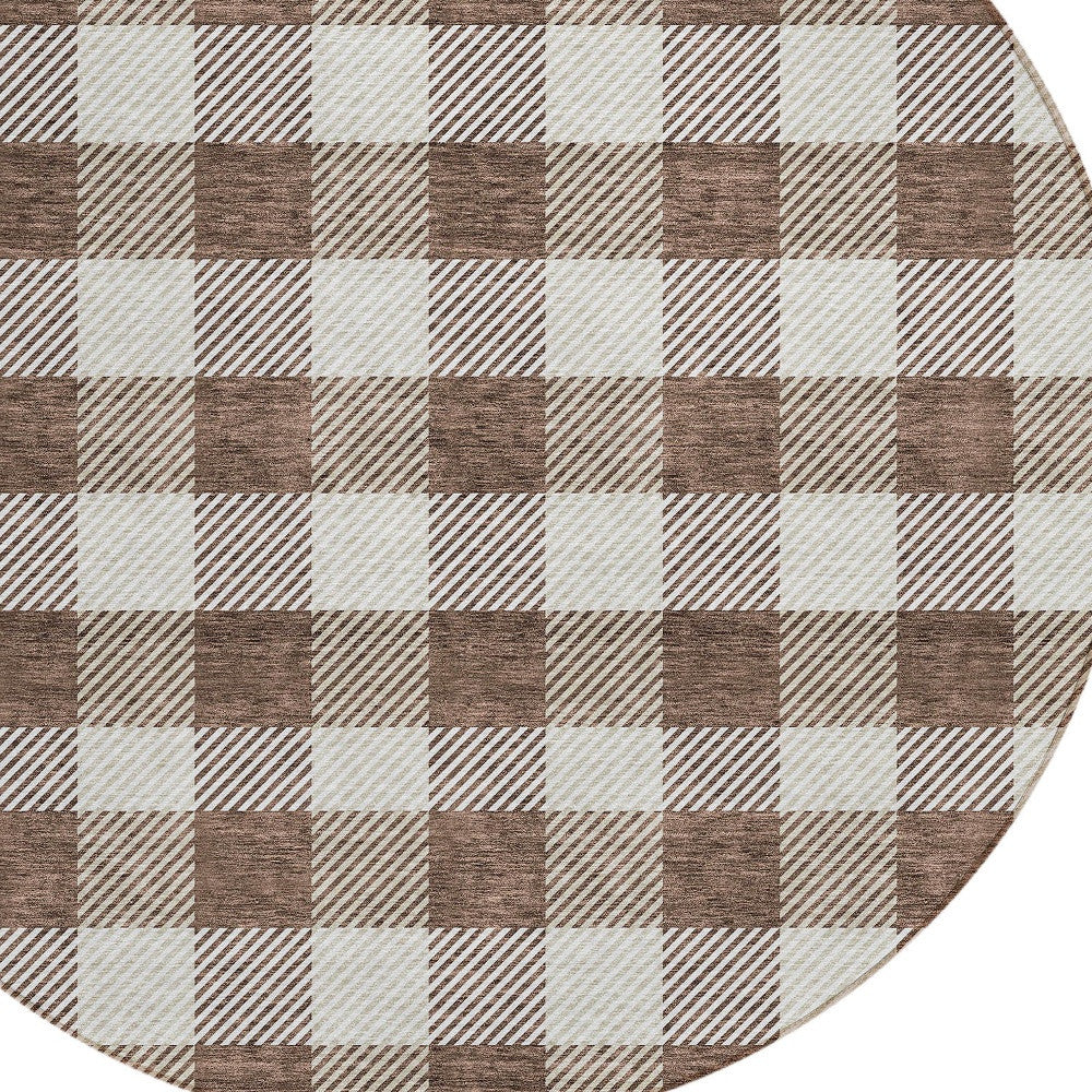 Tabselect Home Line 8' Brown And Beige Round Plaid Washable Indoor Outdoor Area Rug