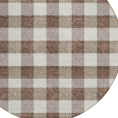 Tabselect Home Line 8' Brown And Beige Round Plaid Washable Indoor Outdoor Area Rug