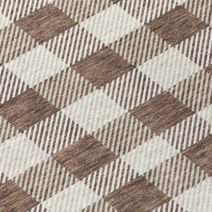 Tabselect Home Line 8' Brown And Beige Round Plaid Washable Indoor Outdoor Area Rug