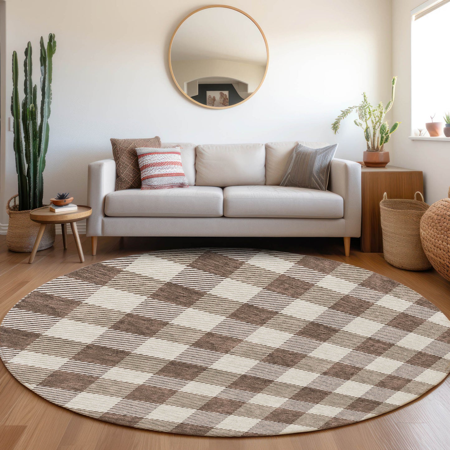 Tabselect Home Line 8' Brown And Beige Round Plaid Washable Indoor Outdoor Area Rug
