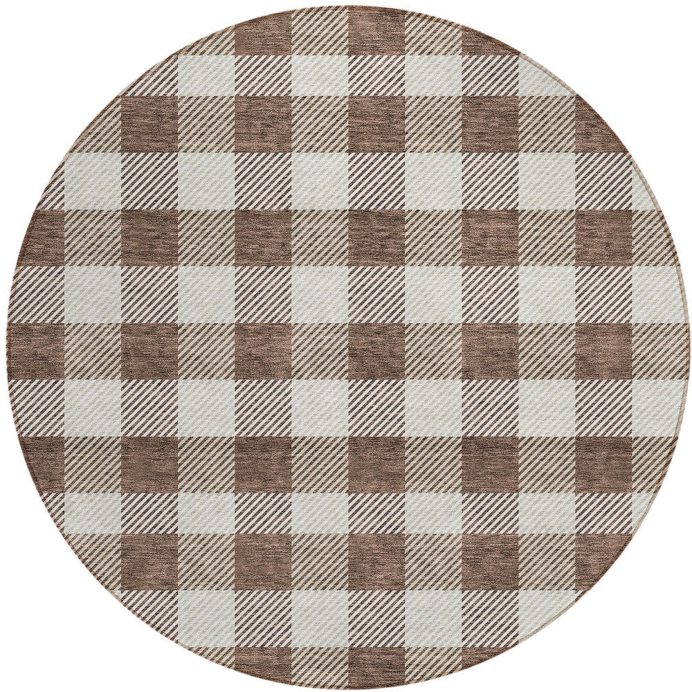 Tabselect Home Line 8' Brown And Beige Round Plaid Washable Indoor Outdoor Area Rug