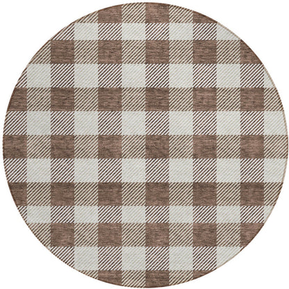 Tabselect Home Line 8' Brown And Beige Round Plaid Washable Indoor Outdoor Area Rug