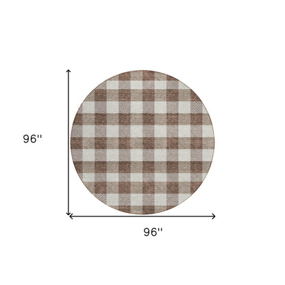 Tabselect Home Line 8' Brown And Beige Round Plaid Washable Indoor Outdoor Area Rug