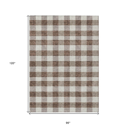 Tabselect Home Line 8' X 10' Brown And Beige Plaid Washable Indoor Outdoor Area Rug
