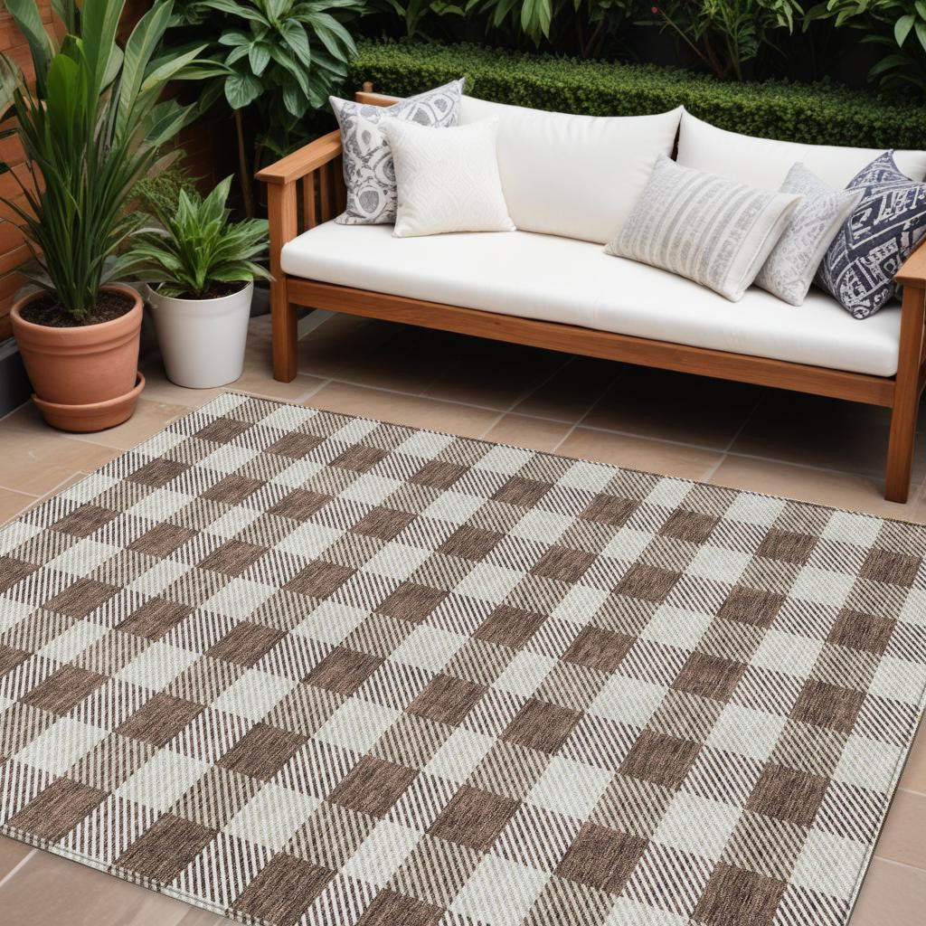 Tabselect Home Line 8' X 10' Brown And Beige Plaid Washable Indoor Outdoor Area Rug