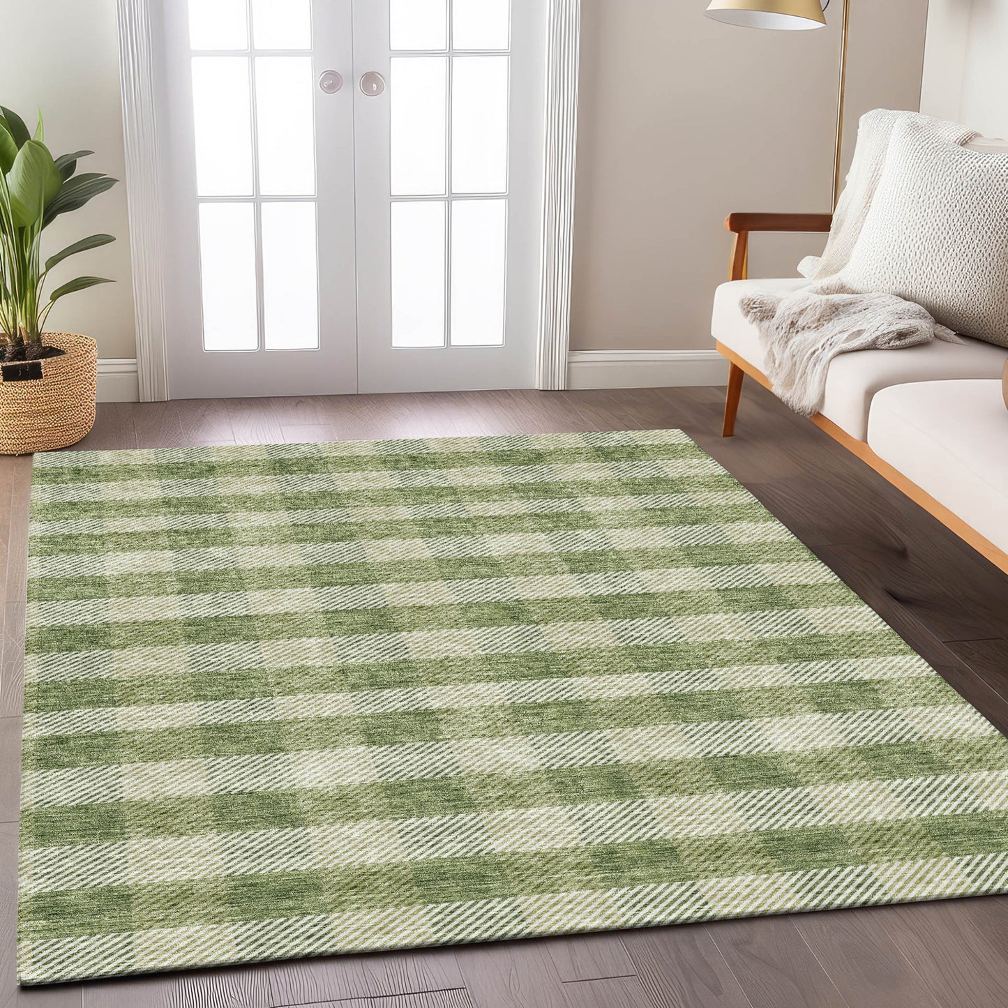 Tabselect Home Line 5' X 8' Green And Light Green Plaid Washable Indoor Outdoor Area Rug