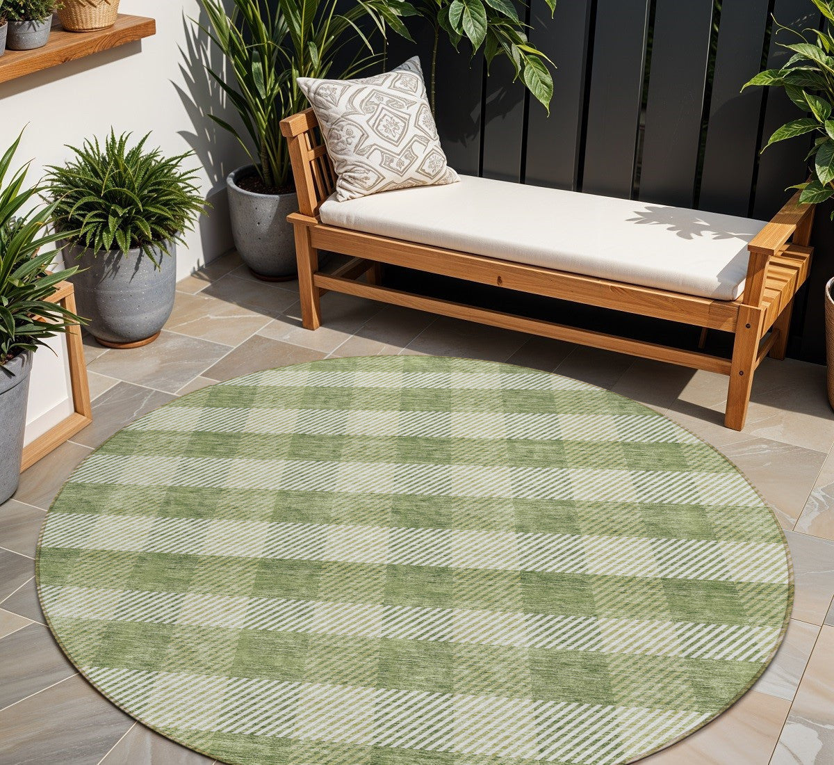 Tabselect Home Line 8' Green And Light Green Round Plaid Washable Indoor Outdoor Area Rug