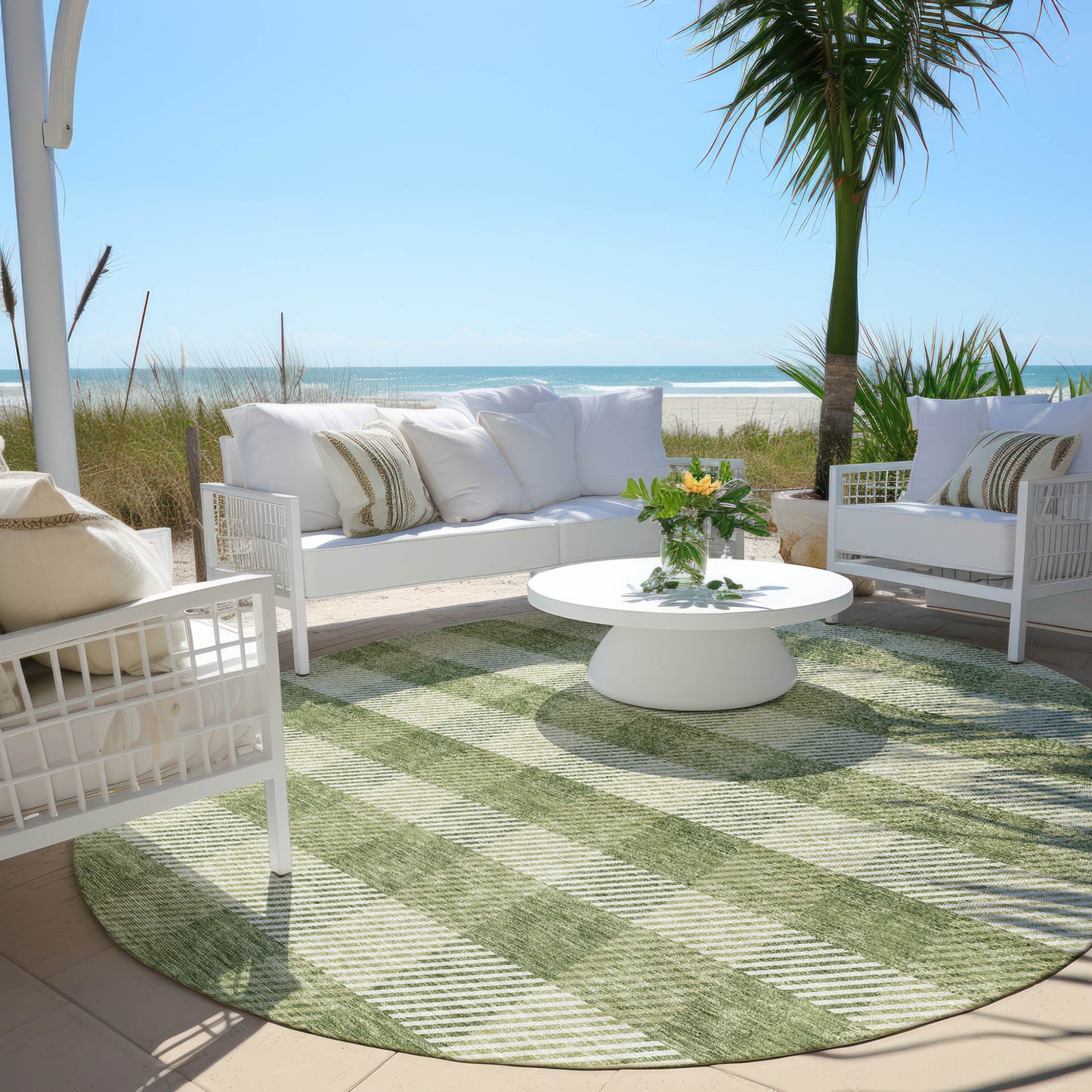 Tabselect Home Line 8' Green And Light Green Round Plaid Washable Indoor Outdoor Area Rug