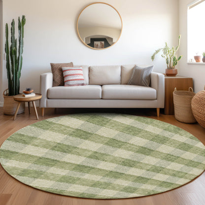Tabselect Home Line 8' Green And Light Green Round Plaid Washable Indoor Outdoor Area Rug