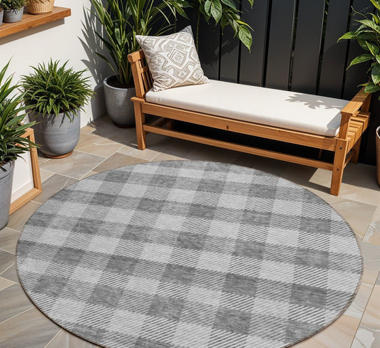 Tabselect Home Line 8' Gray And Charcoal Round Plaid Washable Indoor Outdoor Area Rug