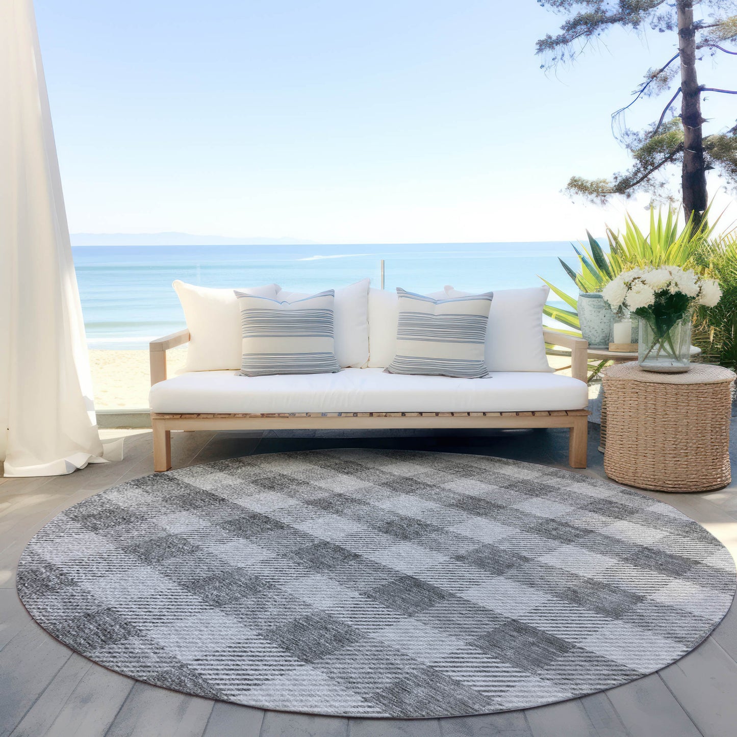 Tabselect Home Line 8' Gray And Charcoal Round Plaid Washable Indoor Outdoor Area Rug