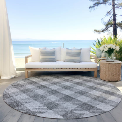 Tabselect Home Line 8' Gray And Charcoal Round Plaid Washable Indoor Outdoor Area Rug