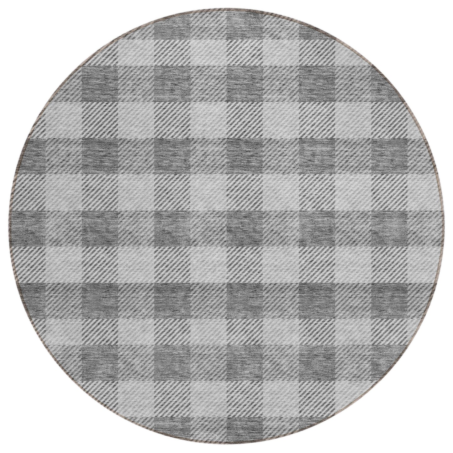 Tabselect Home Line 8' Gray And Charcoal Round Plaid Washable Indoor Outdoor Area Rug