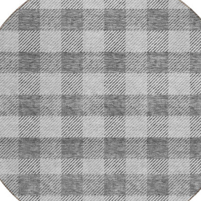 Tabselect Home Line 8' Gray And Charcoal Round Plaid Washable Indoor Outdoor Area Rug