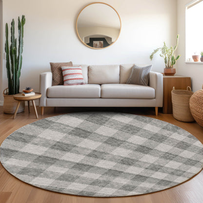 Tabselect Home Line 8' Gray And Charcoal Round Plaid Washable Indoor Outdoor Area Rug