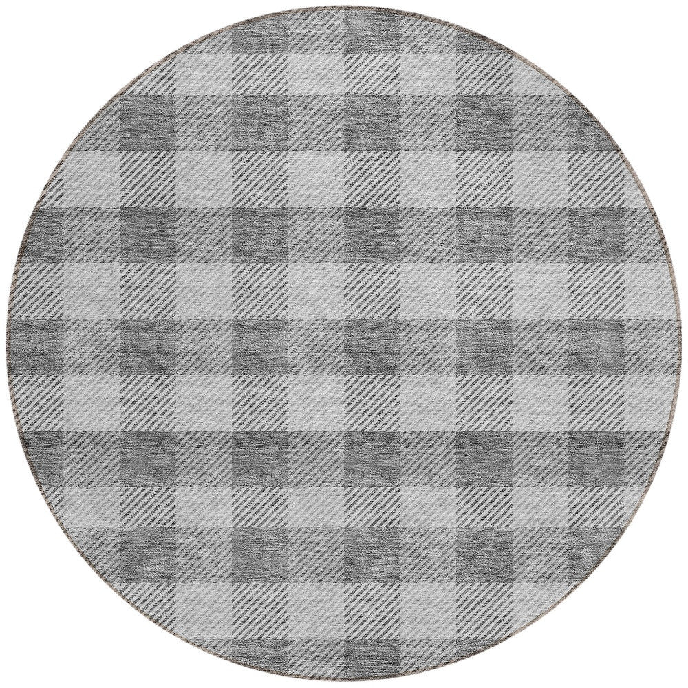 Tabselect Home Line 8' Gray And Charcoal Round Plaid Washable Indoor Outdoor Area Rug