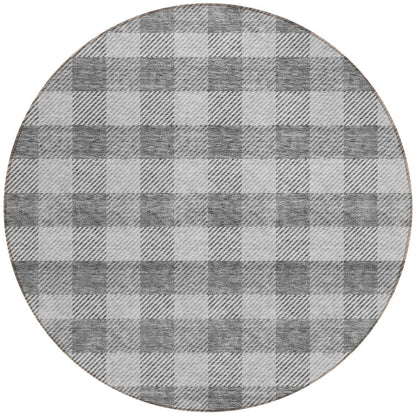 Tabselect Home Line 8' Gray And Charcoal Round Plaid Washable Indoor Outdoor Area Rug