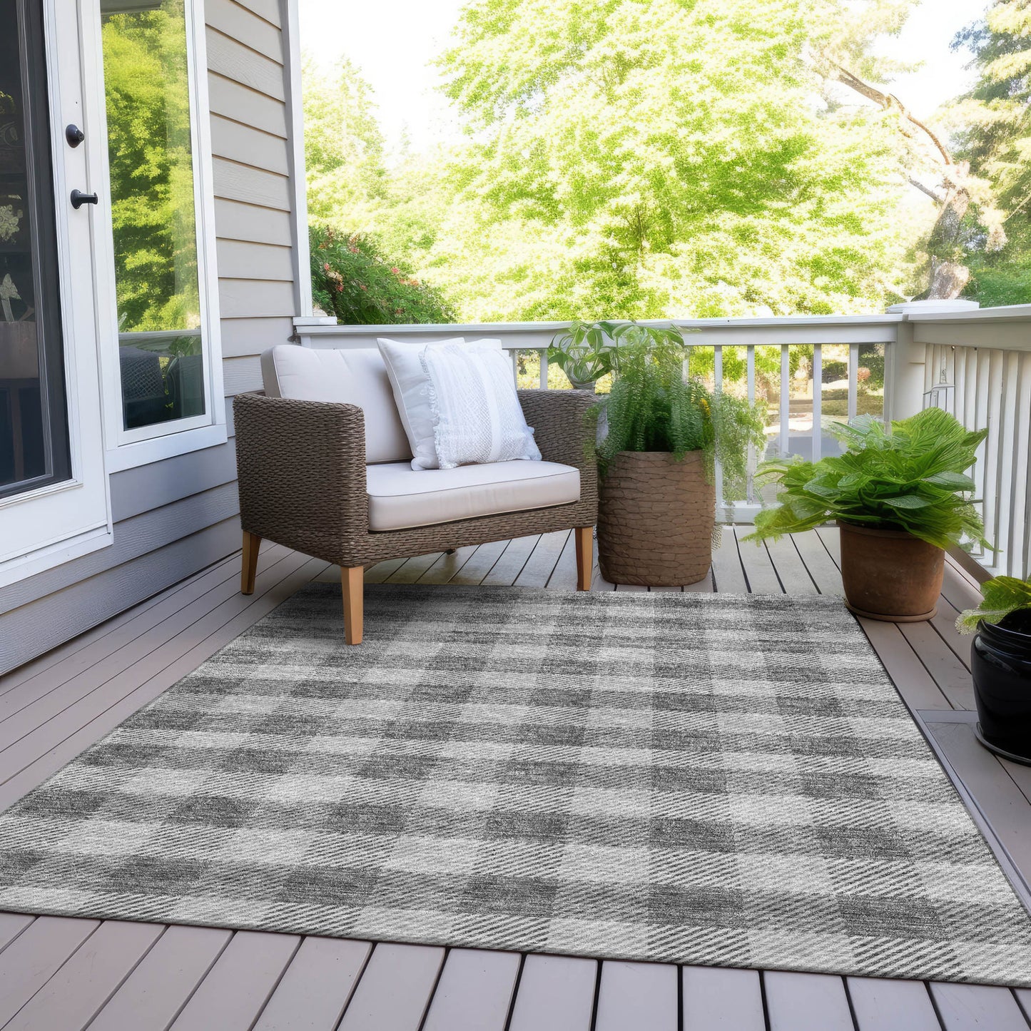 Tabselect Home Line 8' X 10' Gray And Charcoal Plaid Washable Indoor Outdoor Area Rug