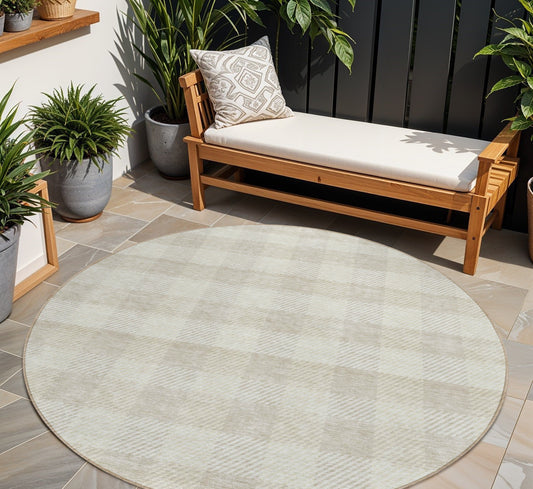 Tabselect Home Line 8' Ivory And Beige Round Plaid Washable Indoor Outdoor Area Rug