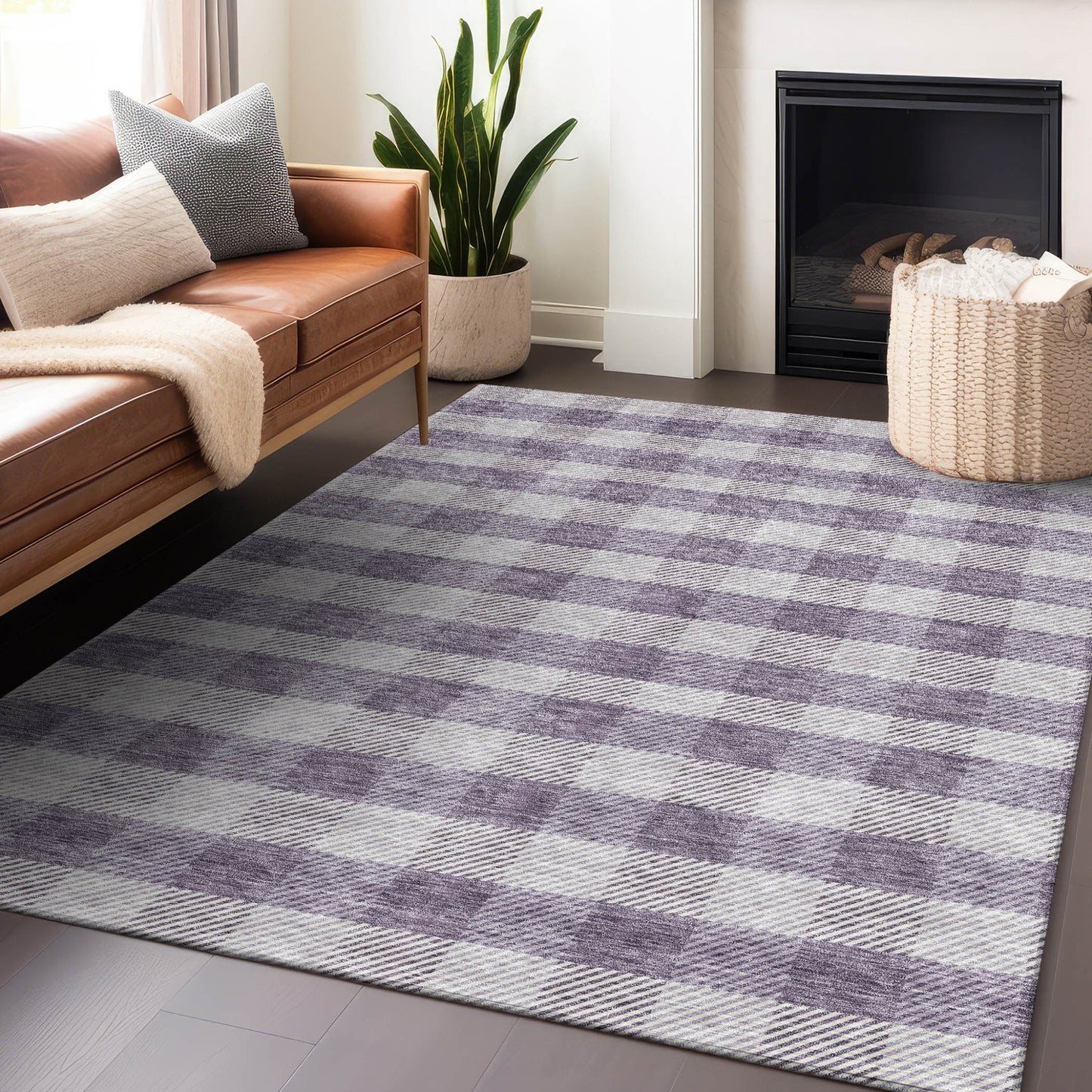 Tabselect Home Line 5' X 8' Lavender And Ivory Plaid Washable Indoor Outdoor Area Rug