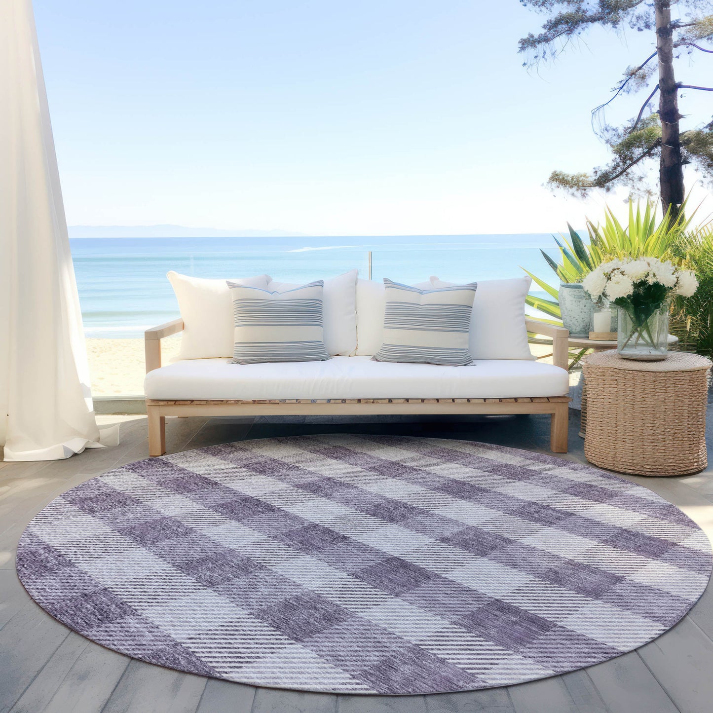 Tabselect Home Line 8' Lavender And Ivory Round Plaid Washable Indoor Outdoor Area Rug