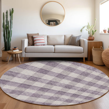 Tabselect Home Line 8' Lavender And Ivory Round Plaid Washable Indoor Outdoor Area Rug