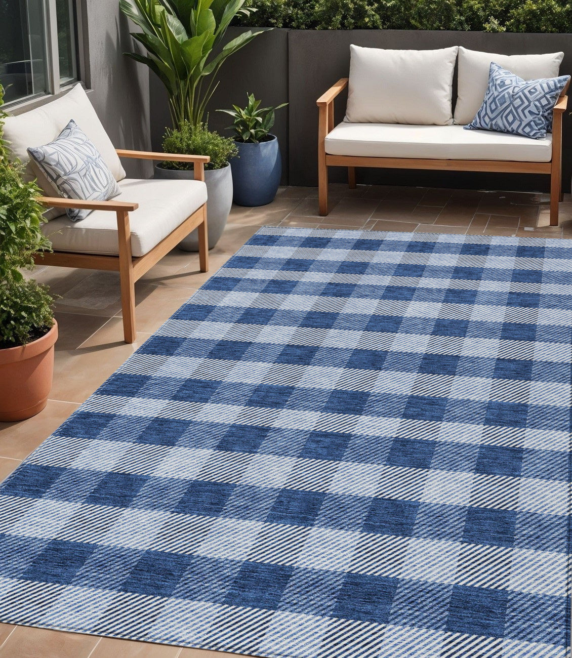 Tabselect Home Line 5' X 8' Navy Blue And Ivory Plaid Washable Indoor Outdoor Area Rug