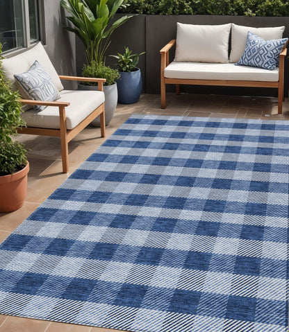 Tabselect Home Line 5' X 8' Navy Blue And Ivory Plaid Washable Indoor Outdoor Area Rug