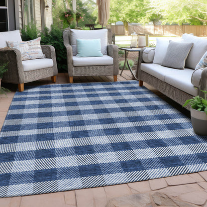 Tabselect Home Line 5' X 8' Navy Blue And Ivory Plaid Washable Indoor Outdoor Area Rug