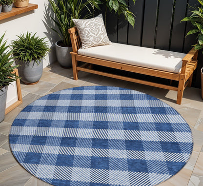 Tabselect Home Line 8' Navy Blue And Ivory Round Plaid Washable Indoor Outdoor Area Rug