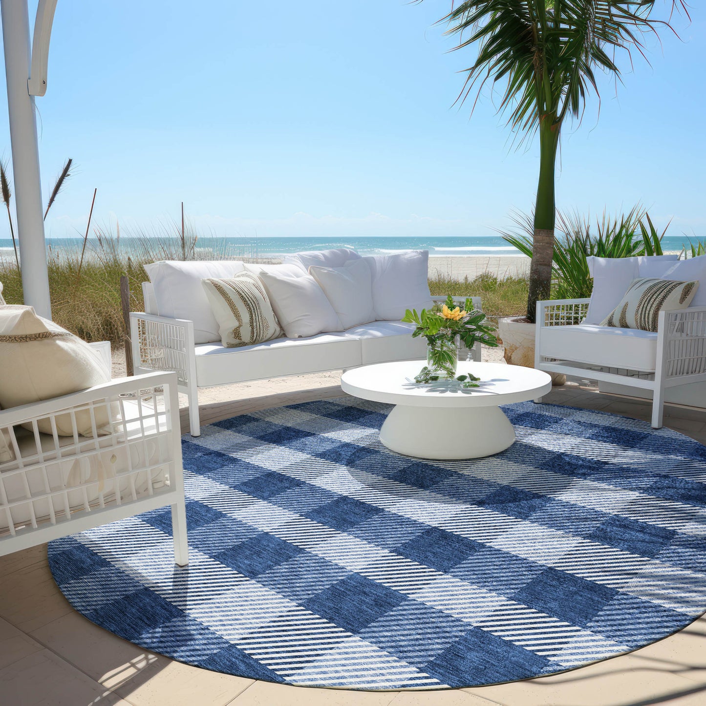 Tabselect Home Line 8' Navy Blue And Ivory Round Plaid Washable Indoor Outdoor Area Rug