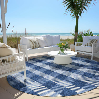 Tabselect Home Line 8' Navy Blue And Ivory Round Plaid Washable Indoor Outdoor Area Rug