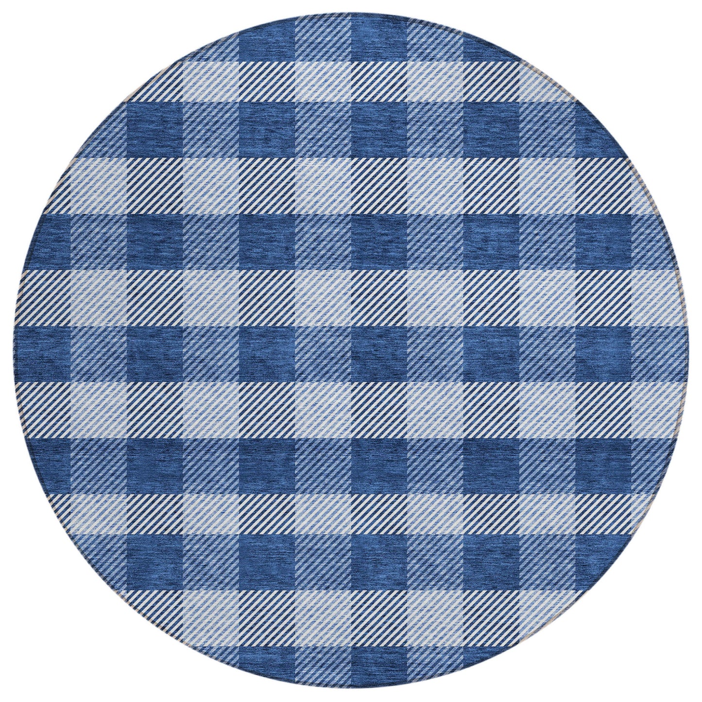 Tabselect Home Line 8' Navy Blue And Ivory Round Plaid Washable Indoor Outdoor Area Rug