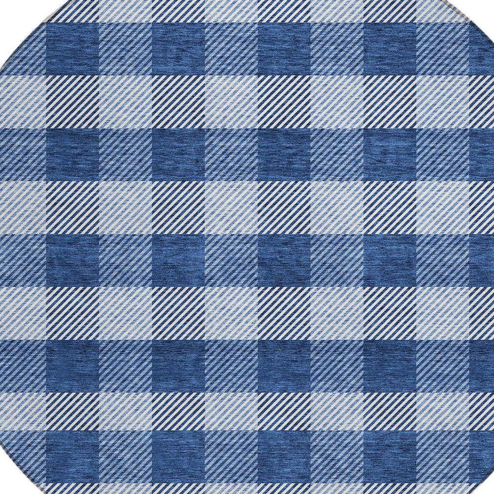 Tabselect Home Line 8' Navy Blue And Ivory Round Plaid Washable Indoor Outdoor Area Rug