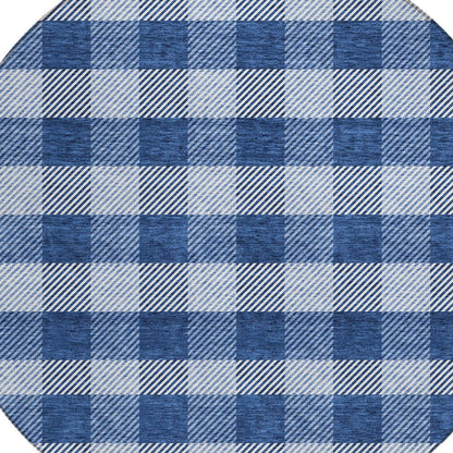 Tabselect Home Line 8' Navy Blue And Ivory Round Plaid Washable Indoor Outdoor Area Rug
