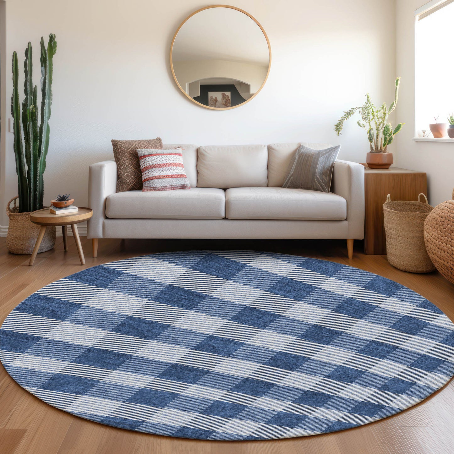 Tabselect Home Line 8' Navy Blue And Ivory Round Plaid Washable Indoor Outdoor Area Rug