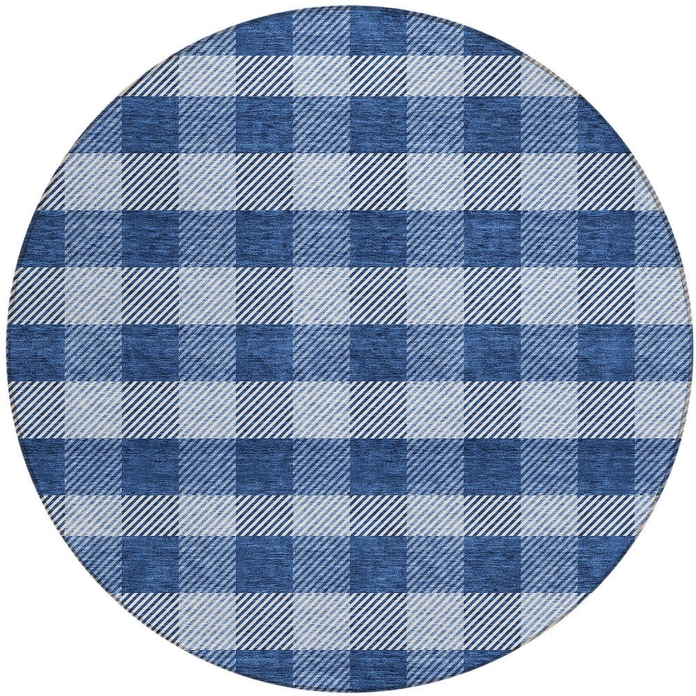 Tabselect Home Line 8' Navy Blue And Ivory Round Plaid Washable Indoor Outdoor Area Rug